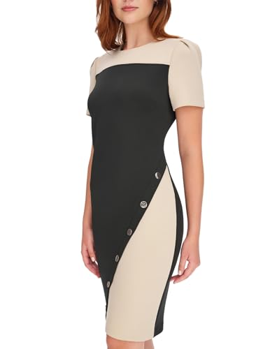 Image of Tommy Hilfiger Women's Short Sleeve Jewel Neck Colorblock Studded Asymmetrical Hem Crepe Mini Dress