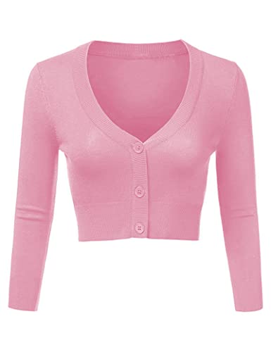 Cardigan Boléro Court Femme Gilet en Tricot Boutonné Chandail Veste en Maille Chic pour Robe Soirée Cérémonie Rose L Cover