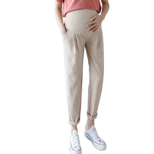 FaroLy Pantalones de Maternidad de Algodón y Lino para Mujer Pantalones de Chándal Holgados para Embarazadas con Bolsillos Pantalones de Trabajo de Ropa Activa Suave (Color : Beige, Size : M)