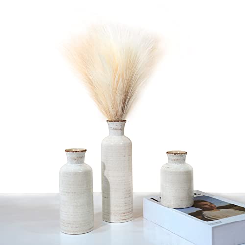 Ceramic Vase Set, Flower Vases with 3 Sizes and 6 Pieces Pampas Grass for Home Decor, Modern Farmhouse/Cottagecore/Boho Style
