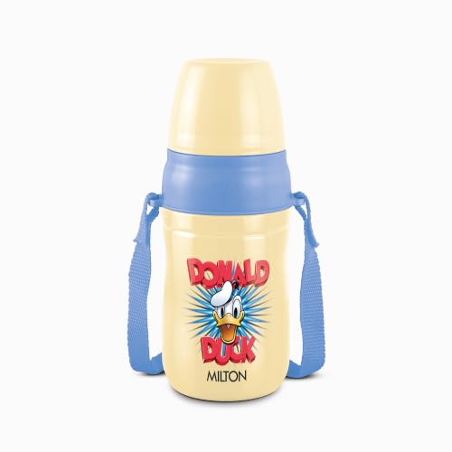 Image of MILTON Disney Kool Cheer 400 Plastic Insulated Thermo Water Bottle with Straw for School Kids I Food Grade, Leak Proof Lid with Hands Free Sipper, Easy to Carry Loop, Picnic, BPA Free, 390 ml, Beige