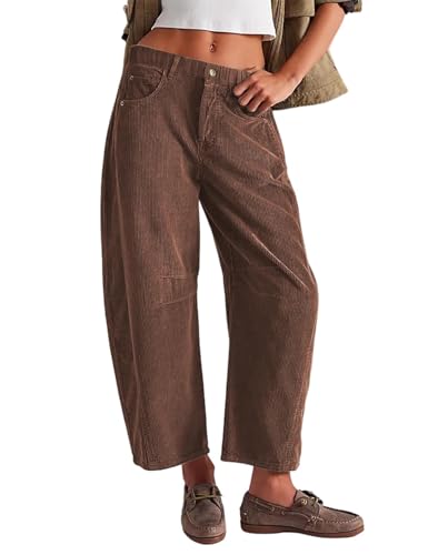 SotRong - Pantalon en velours côtelé vintage pour femme - Pantalon tonneau taille mi-haut élastiquée - Pantalon décontracté coupe ample, baggy, jambes larges, style harem - Pantalon d'hiver chaud pour