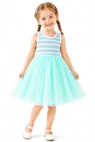 HILEELANG Girls Tulle Dress Mint Green Sleeveless Ribbed Stripe Top Spring Summer Toddler Little Girls 3T
