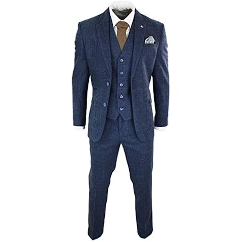 Mens 3 Piece Blue Tweed Check Suit Cover