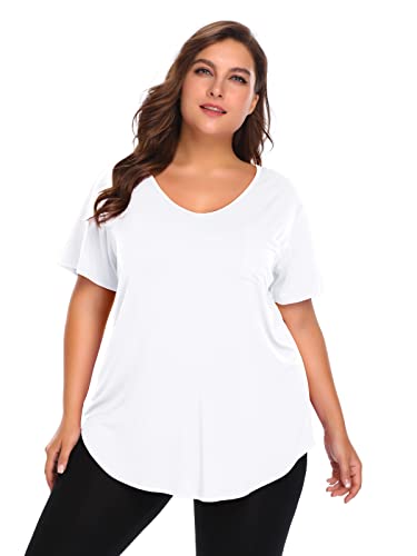Belaroi Women Plus Size V-Neck Tunic Top Loose T Shirt With Pocket (3X, White) #TOP1