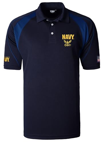 Malham USA US Navy Polo Shirt Officially Licensed Breath lite Fabric Embroidered Logos Flag Applique Comfortable Fit Veteran Gift - Large Size