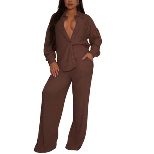 Elainone Women's 2 Piece Outfits Button-Down Shirt Long Sleeve and