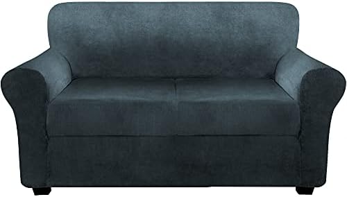 FINERFIBER Velvet High Stretch 3 Piece Loveseat Slipcover | Thick Couch Cover for Pets | Couch Covers for 2 Cushion Couch | Furniture Protector for 2 Separate Cushion Couch (Loveseat, Grey)