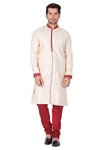 Image of VASTRAMAY Men's Beige Silk Blend Sherwani Set
