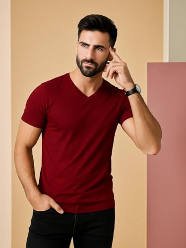 Image of Friskers Men's V-Neck Short Sleeves Cotton T-Shirt - Casual T-Shirt, Regular Fit