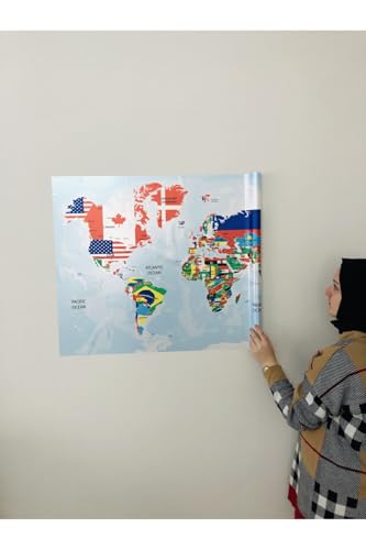 Bayraklı Dünya Haritası Dekoratif Akıllı Kağıt Tahta Statik Kağıt 70x117 Cm Renkli