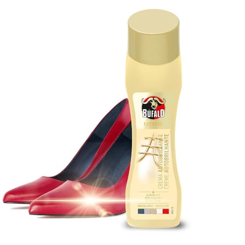 Bufalo Express - Crema Autobrillante Incolora Formulada con Aceite Natural de Almendras, Cuidado del Calzado y Color, Brillo Intenso Inmediato - Frasco de 50ml
