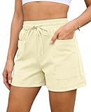 Rayson Pantalones Cortos Mujer Verano con Bolsillos Casual Alta Cintura Shorts Deportivos con Cordón y Cintura Elástica(Beige,M)