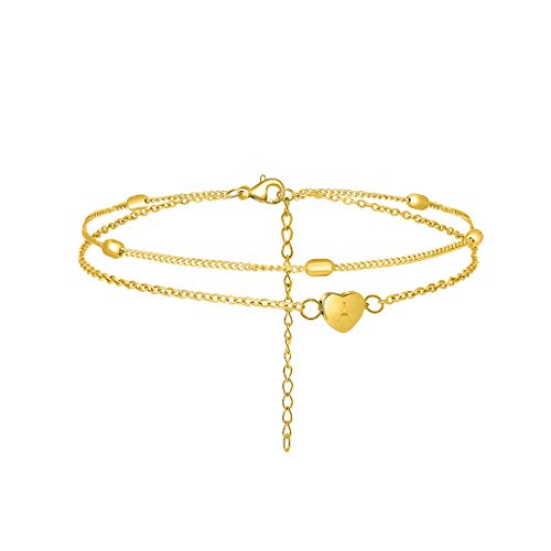 Initial A Heart Anklet Bracelets for Women Teen Girls Dainty Delicate Tiny Cute Layered Beads Heart Letter Alphabet Gold Foot Ankle Chain Vacation Beach Jewelry
