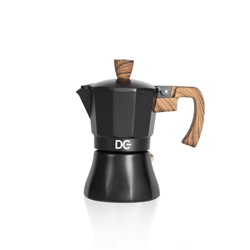 Dc Casa Caffettiera Linea BlackWood – Moka Elegante in Alluminio Nero con Manico in Legno Atermico – Design Moderno per Espresso Italiano a Casa (2 Tazze)