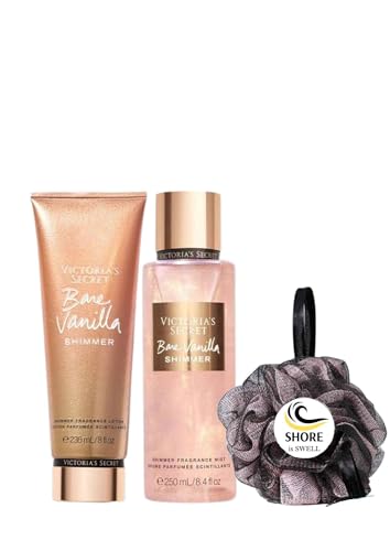 Body Shimmer set with Shore is Swell Shower Body Puff bundled with Victoria Secret Bare Vanilla Shimmer Fragrance Mist, Shimmer Fragrance Lotion