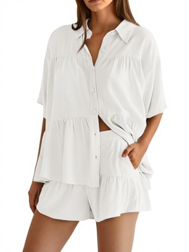 Cicy Bell Womens 2 Piece Outfits Summer Pleated Button Down