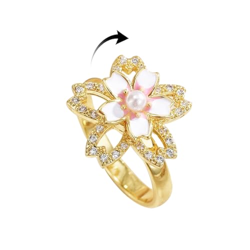 Cherry Blossoms Rotating Flower Fidget Spinner Ring for Women Hypoallergenic Gold Plated Crystal Floral Stress Relief Anxiety Rings Cubic Zirconia Open Adjustable Promise Wedding Band Trendy Jewelry