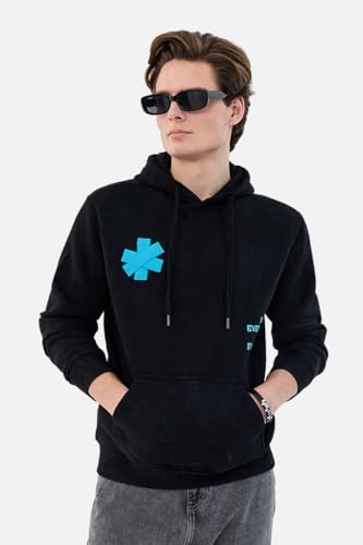 Image of SNITCH Men Casual Hoodie | Regular Fit Hooded Collar & Washed Graphic Print Pullover | Breathable Cotton Blend Fleece Fabric with Kangaroo Pocket for Daily Winter Wear |