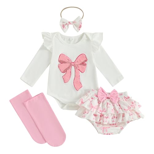 Newborn Baby Girl Clothes Bow Embroidered Long Sleeve Romper Bodysuit Ruffled Shorts Set Cute Fall Winter Outfits