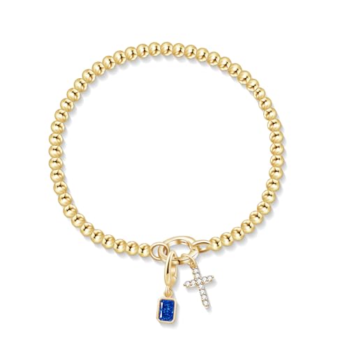 Free bird Cross Birthstone Bracelet | Dainty 14K Gold Plated Cross Charm Bracelet for Women | Stretchable Elastic Gold Beaded Bracelet | Stackable Trendy Birthstone Bracelet | Jewelry Gifts for Women