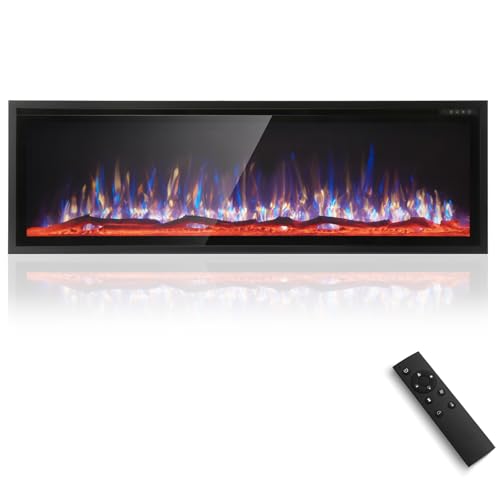 Electric Fireplace 60 inch Wall Mounted with Remote Control, Recessed Fire Place Heater Ultra Thin Slim for Indoor Use, Modern Black In Wall Fireplaces for Living Room Bedroom Narrow Bezel, 1500W/750W