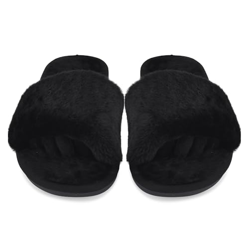 Fuzzy House Slippers for Women - Soft & Comfortable Womens Slippers with Open Toe Separators - Cute All Day Wear Casual Slip on Ladies Footwear for Indoor & Outdoor Midnight Black, 8