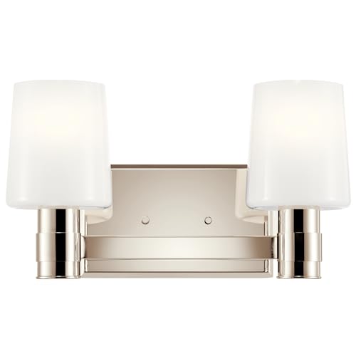Image of Kichler Adani 2-Light Bathroom Vanity Light Fixture, Modern Wall Mount Light with Opal Glass in Polished Nickel for Powder Room or Mirror Lighting (8.25 inch x 14.5 inch), 55175PN