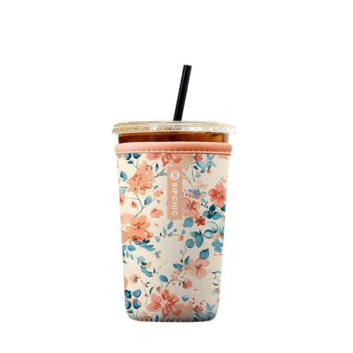 Image of Iced Coffee Sleeve - Neoprene Reusable Cup Sleeves for Drinks, Insulated Drink Sleeves to Keep Hands Dry & Drinks Cold, Stylish & Durable Coffee Sleeves (Spring Camellia, Medium: 22-29oz)