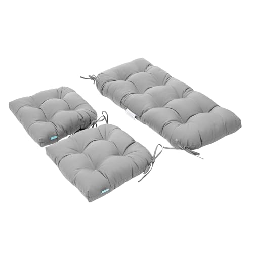 Image of QILLOWAY Outdoor Patio Cushions Set of 3, Wicker Furniture Cushions with Ties, Waterproof Loveseat & Seat Cushions for Patio Bench, Porch Chair, Outdoor Replacement Cushions, Grey