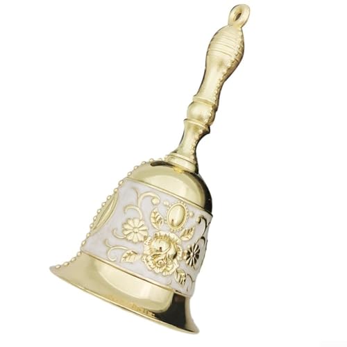 Oniissy Campana de mesa retro de manivela con patrón de rosa, campana de servicio de aleación de cobre para hoteles, bodas y decoración del hogar (blanco + dorado)