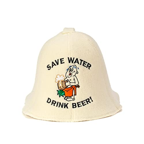 SAUNA GURU Save Water Hat, 100% Organic Wool Felt Sauna Cap, Banya Hat Sauna Hair Protector, Sauna Accessories Embroidered Hat, Russian Sauna Hat, Sauna Gifts for Men and Women, Sauna Room Accessory