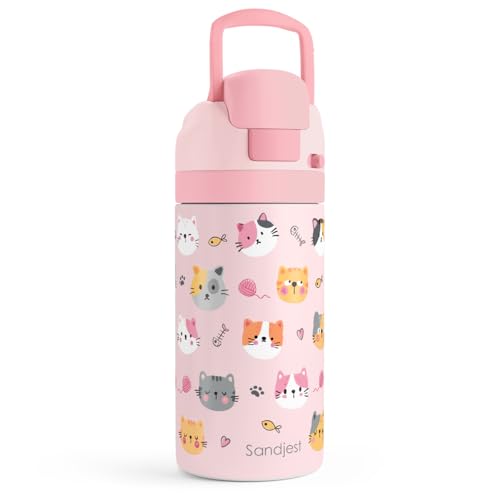 Image of Cat Kids Insulated Stainless Steel Water Bottle 16 Oz, Travel Tumbler for School, Sports for Girls, Birthday, Back To School (Pink)