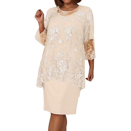 Robe de cocktail paillettes midi chic à col rond pour femme