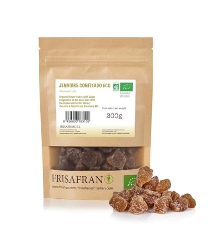FRISAFRAN | Jengibre en Dados con Azúcar Ecológico - 100% Natural y Orgánico | Ingrediente Versátil para Postres, Infusiones y Aperitivos | Vegano y Sin Conservantes - 200g