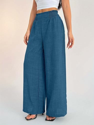 Image of Sugathari Women's Casual Wide Leg Pants - High Waist Elastic Waistband Loose Fit Long Trousers | Lightweight Straight Leg Summer PantsTrouser 254