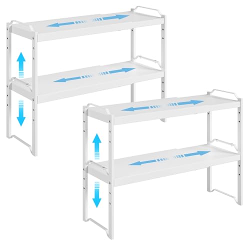 Image of 4 Pack Kitchen Cabinet Shelves Organizers, Kitchen Counter Storage Shelf Spice Rack, Expandable Length, Adjustable Height, Stackable, Sturdy 30LBS Bearing, Small Cupboard Tabletop Organizer Shelf Rack