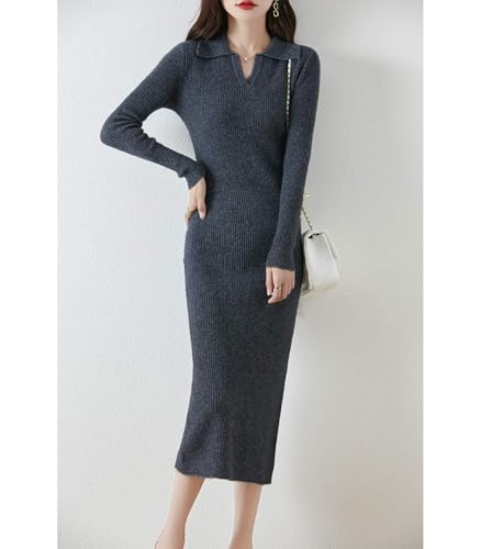 100% Merino Wool Sweater Dress Women's Long Sleeve Knitted Flip Collar Fall Winter Slim Long Tops2