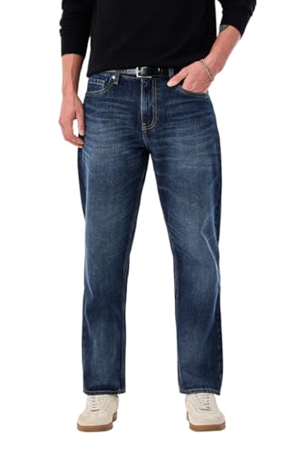 Image of SNITCH Men Casual Jeans | Relaxed Fit Straight Leg Washed Pattern & Drawstring Closure | 100% Cotton Denim Fabric for All Day Comfort & Everyday Wear