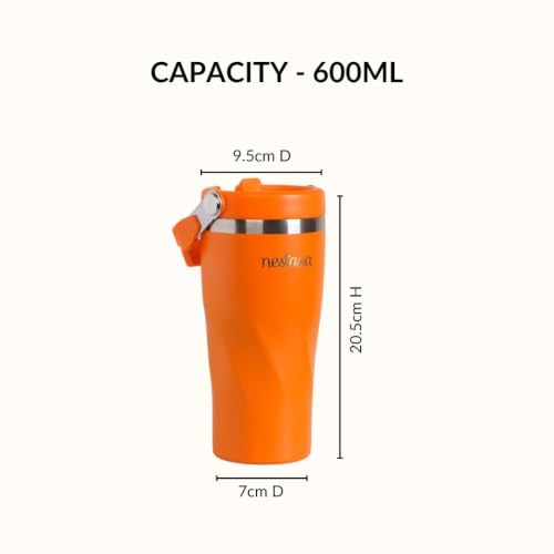 Image of Nestasia PopSip20 Stainless Steel Kids Tumbler (590 ml) - Insulated Sipper with Built-in Straw, Top Handle & Leakproof Lid | Water Bottle with Embossed Design for Adults, Travel & Gym (Tangerine Pop)