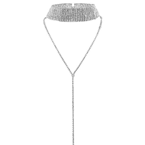 Carufin Sautoir multi-rangs avec chaîne de tennis en cristal d'argent strass, collier ras du cou, bijoux pour femmes et filles (10 lignes)