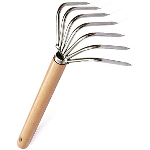7 Tines Garden Hand Rake 14" Cultivator Claw Small Japanese Gardening Weed Tool Long Wooden Handle Heavy Duty Stainless Steel Ninja Claw for Weeding, Turning Soil, Cultivating, Combing Leaves, Digging Cover
