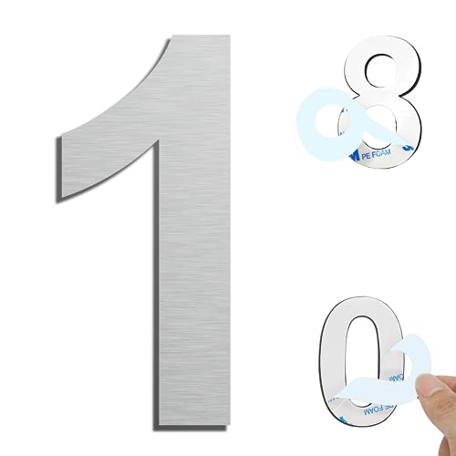 Ywonoby Hausnummern Selbstklebend, 6 inch Edelstahl Hausnummern Aufkleber, für Tür, Briefkasten, Außen, Anti-Friktion, Wetterfest, Silber Ziffer 1