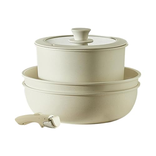 ycezw Safe Saucepan Set, Induction Cookware, Saucepans for Cooking, Cream White Non-Stick Kitchen Set, Removable Handle for Cooking, Frying Pans for Cooking