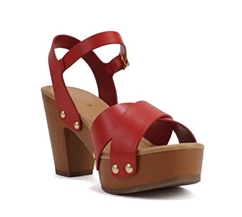 Image of Soda MIGUEL ~ Women Crisscross Band Fashion Chunky Platform Block Mid Heel Sandal with Ankle Strap and Stud