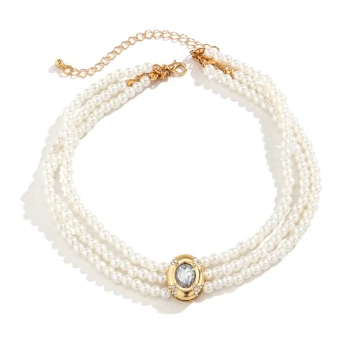 Exquisite layered pearl, rhinestone bead, vintage multi strand floral necklace, bridal wedding necklace accessories (Silvery, 41-50cm)