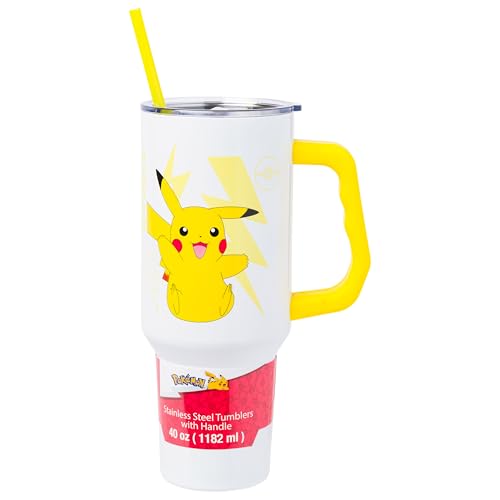 Image of Silver Buffalo Pokemon Double Walled Stainless Steel Tumbler with Handle Featuring Pikachu, Fits in Standard Cup Holder, 40 Ounces
