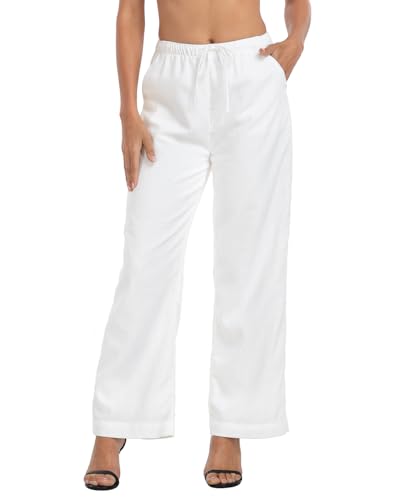 HDE Women's Linen Drawstring Pants Wide Leg Casual Palazzo Trouser with Pockets