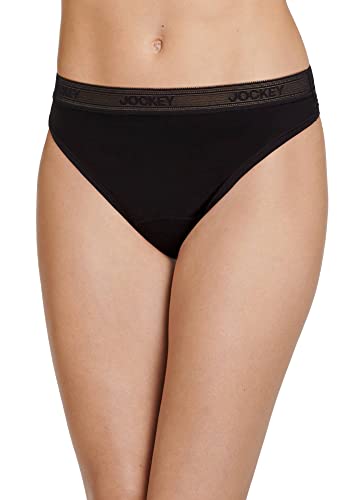 Jockey Women's Underwear Worry Free Microfiber Light Absorbency Thong, Black, S