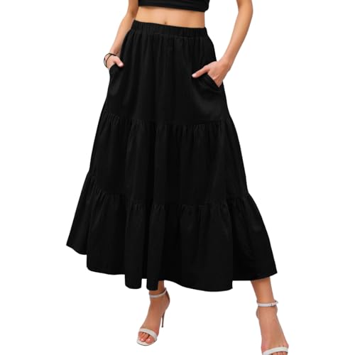 Neteson Falda de Mujer Larga Elegante Maxi Falda Midi Plisada Verano de Cintura Alta Elástica con Bolsillos Línea A para Vacaciones Playa Informal Holgada